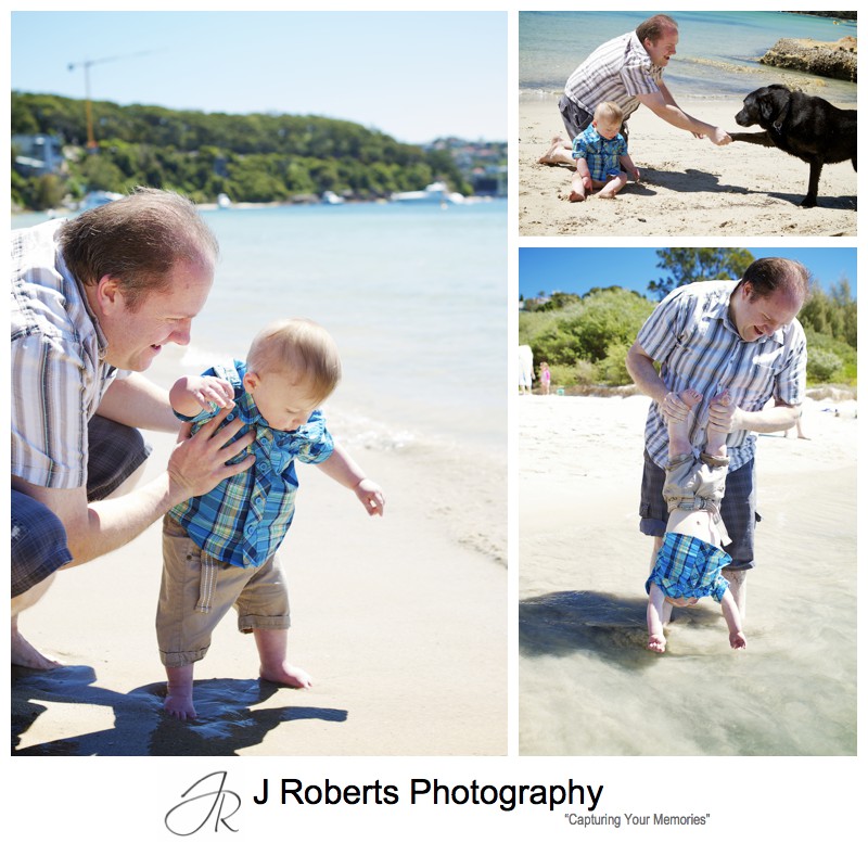Little boy playing at the beach with his Dad - sydney family portrait photographer